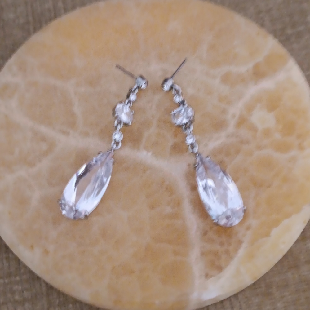 Silver Tone Rhinestone Dangle Drop Earrings - Picture 3 of 4
